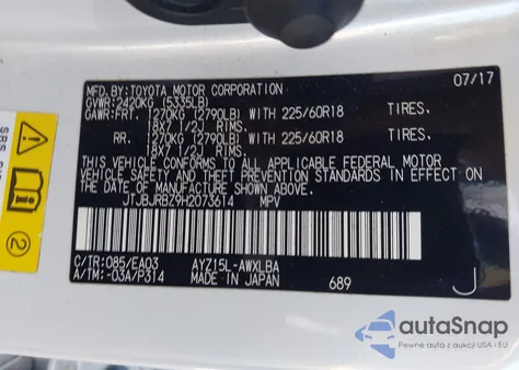 2017 Lexus Nx 300H z USA, uszkodzony, nr VIN JTJBJRBZ9H2073614